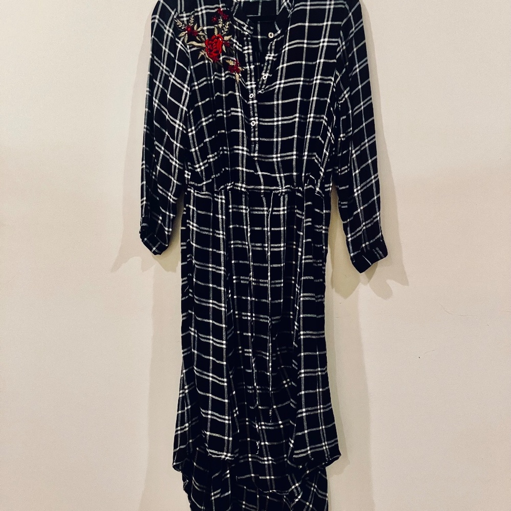 Plaid Flannel Drawstring Cinch Waist Nostalgia Dress With Flowers and Pockets